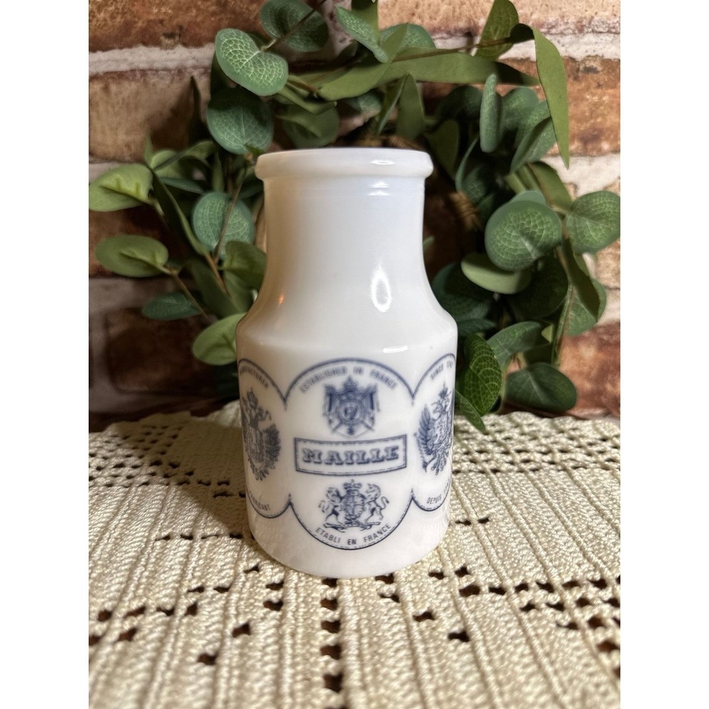 Vintage 1970's Maille White Milk Glass (Opaline) Mustard Jar from France 4.5" Ht